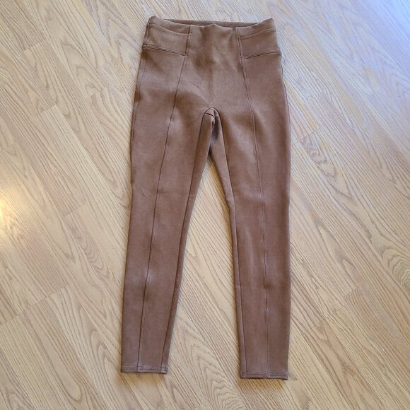SPANX MID RISE FAUX SUEDE LEGGINGS STRETCH FITTED SEAMED RICH CARAMEL sz S - Picture 2 of 6